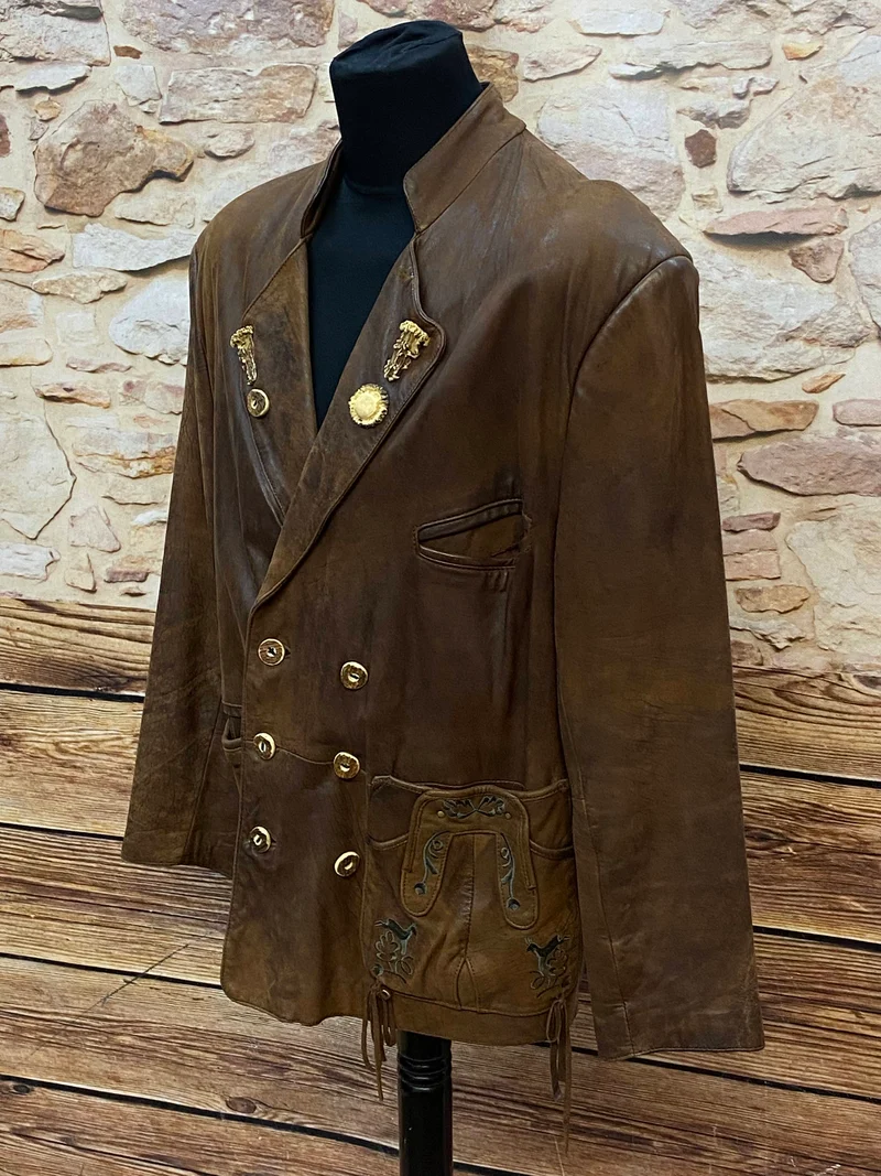 Trachtenjacke Herren Leder braun Vintage mit Stickerei & Hirschhornknöpfen Gr. 50