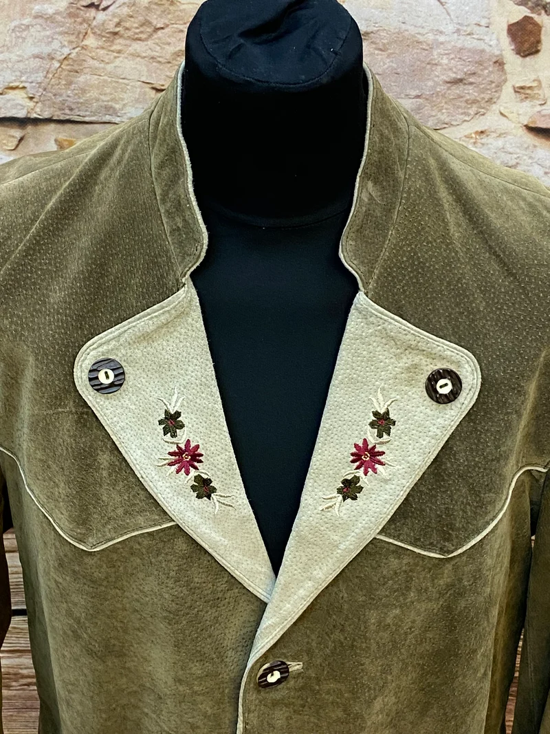 Trachtenjacke Herren Leder grün Stickerei Vintage Landhaus Gr. 50