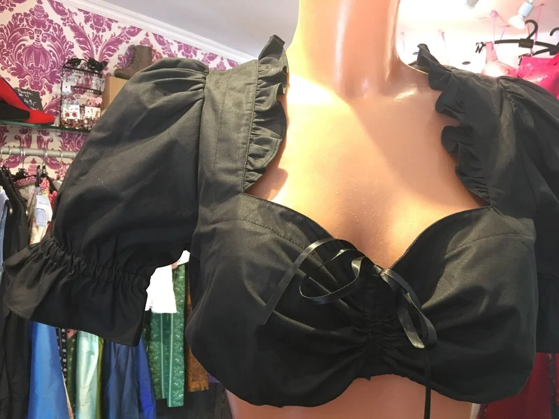 Dirndlbluse Krüger Madl, schwarz, schimmernd, Zugband, Puffärmel