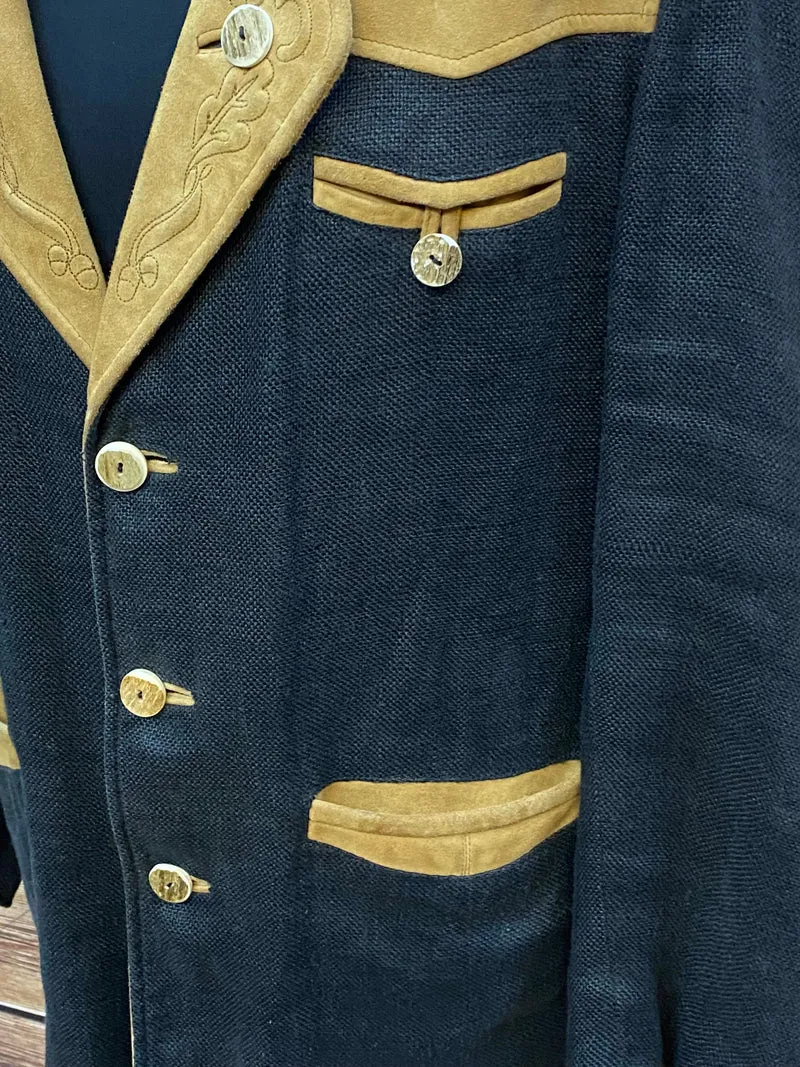 Vintage Trachten Lederjacke Herren Schwarz Braun mit Stickerei – Größe 50