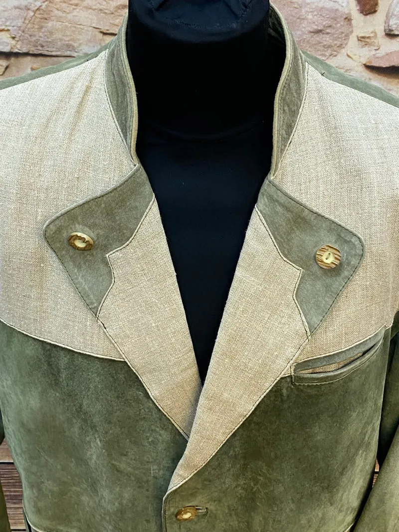 Vintage Trachten Lederjacke Herren Oliv Beige Zweifarbig – Größe 24