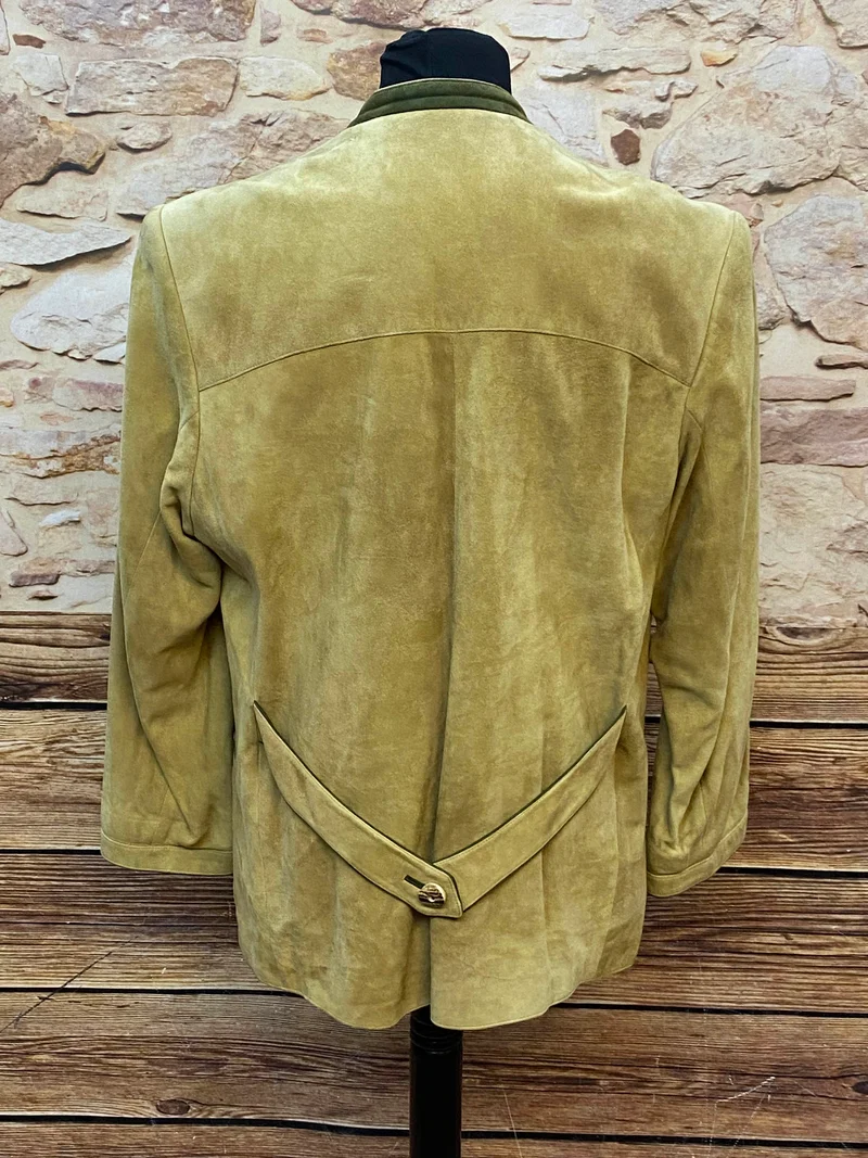 Vintage Trachten Lederjacke Herren Beige Oliv mit Stickerei – Größe 26