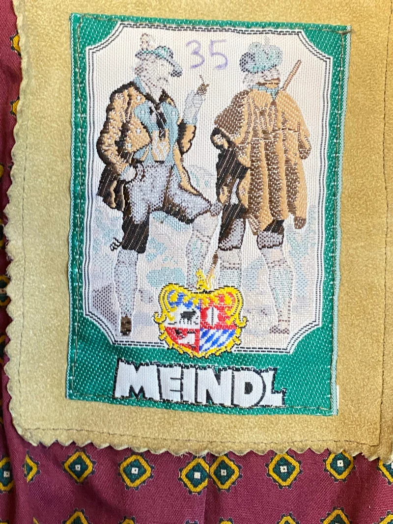 Vintage Trachten Lederjacke Herren Beige Oliv mit Stickerei – Größe 26