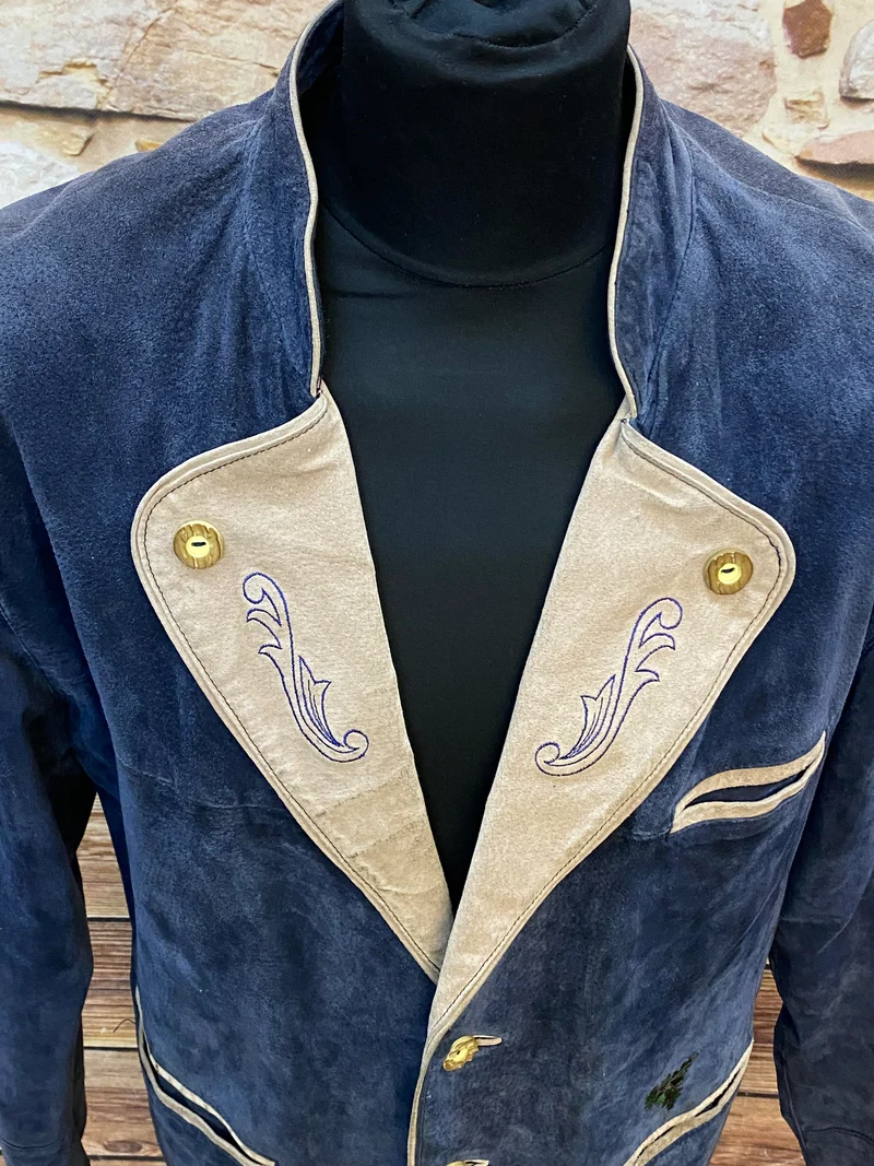 Vintage Trachten Lederjacke Herren Blau Beige mit Stickerei – Größe 25