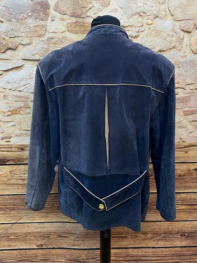 Vintage Trachten Lederjacke Herren Blau Beige mit Stickerei – Größe 25