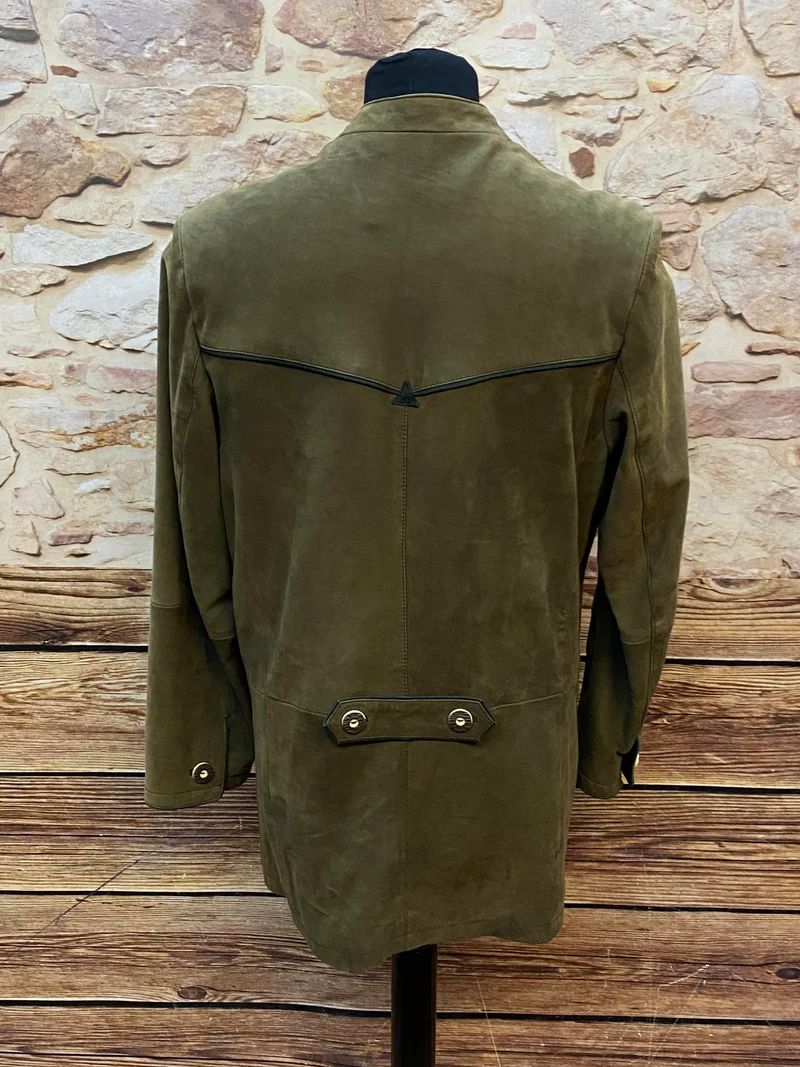 Vintage Trachten Lederjacke Herren Oliv Klassisch mit Stickerei – Größe 25