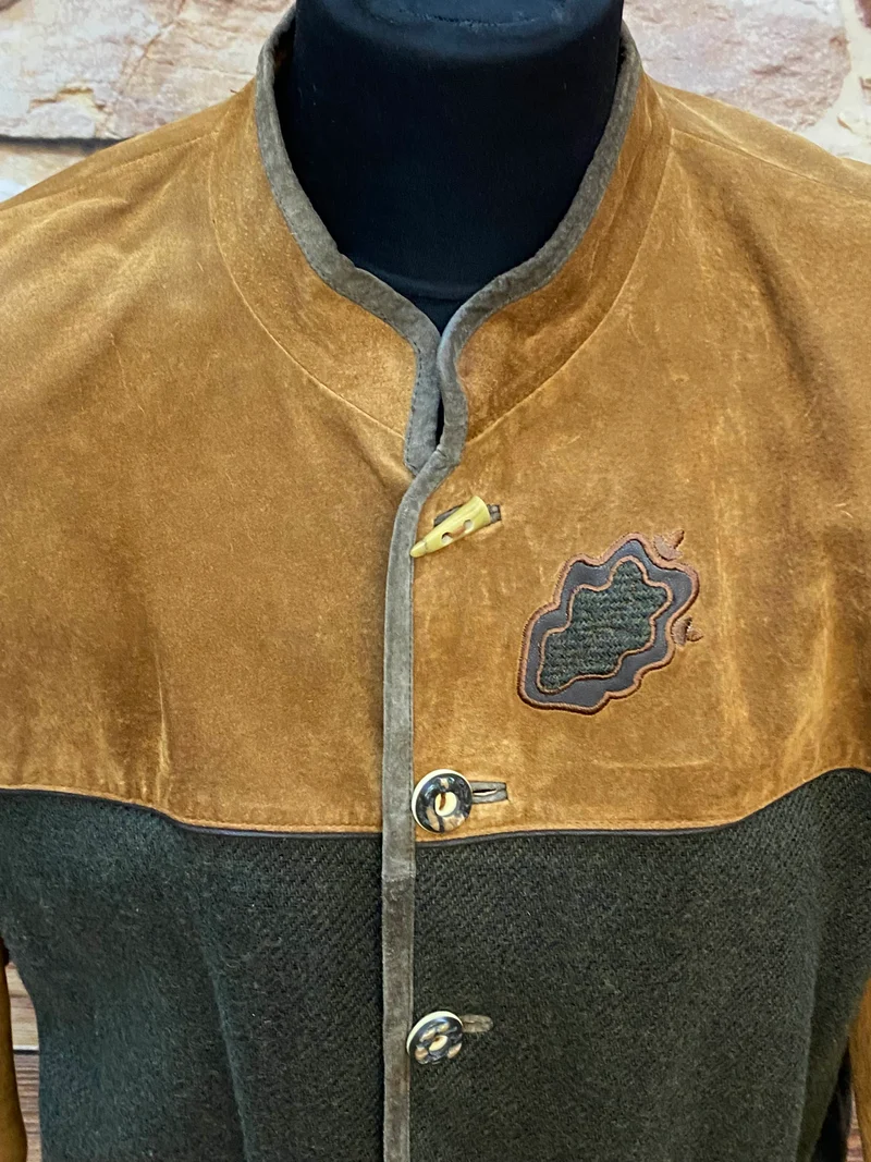 Vintage Trachten Lederjacke Herren Braun Grün Zweifarbig – Größe 52