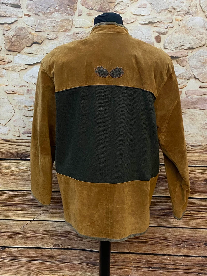 Vintage Trachten Lederjacke Herren Braun Grün Zweifarbig – Größe 52