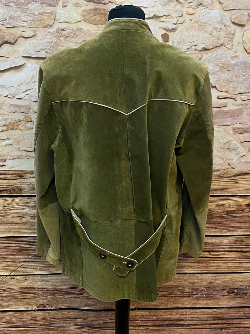 Vintage Trachten Lederjacke Herren Oliv mit Stickerei – Größe 54