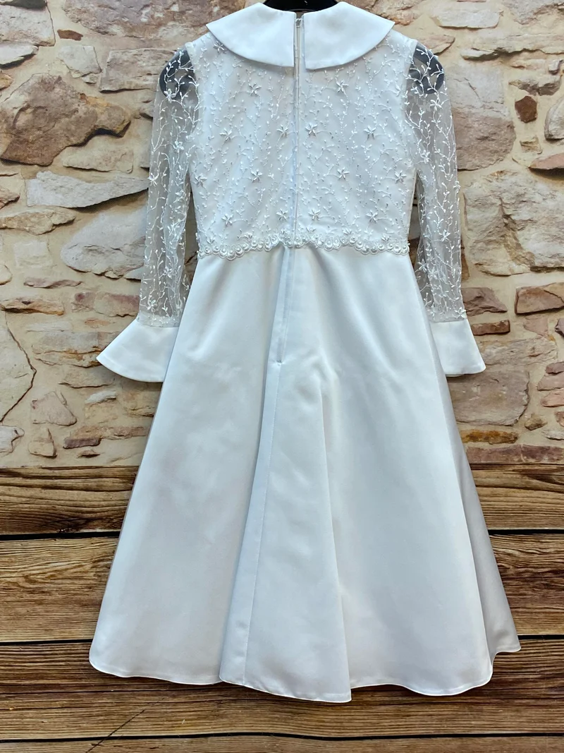 Kommunionkleid Mädchen Gr. 128 – weißes Spitzenkleid zur Erstkommunion mit Kragen