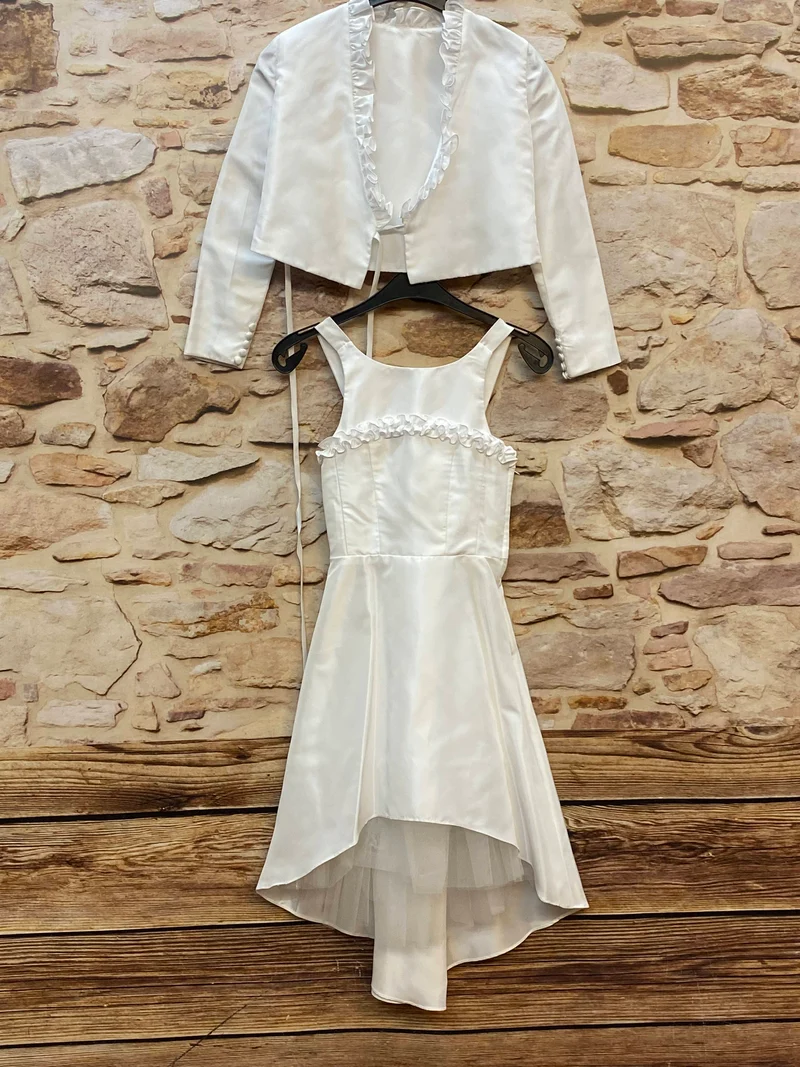 Kommunionkleid Mädchen Gr. 128 Weiß – Vokuhila mit Bolero & Tüll