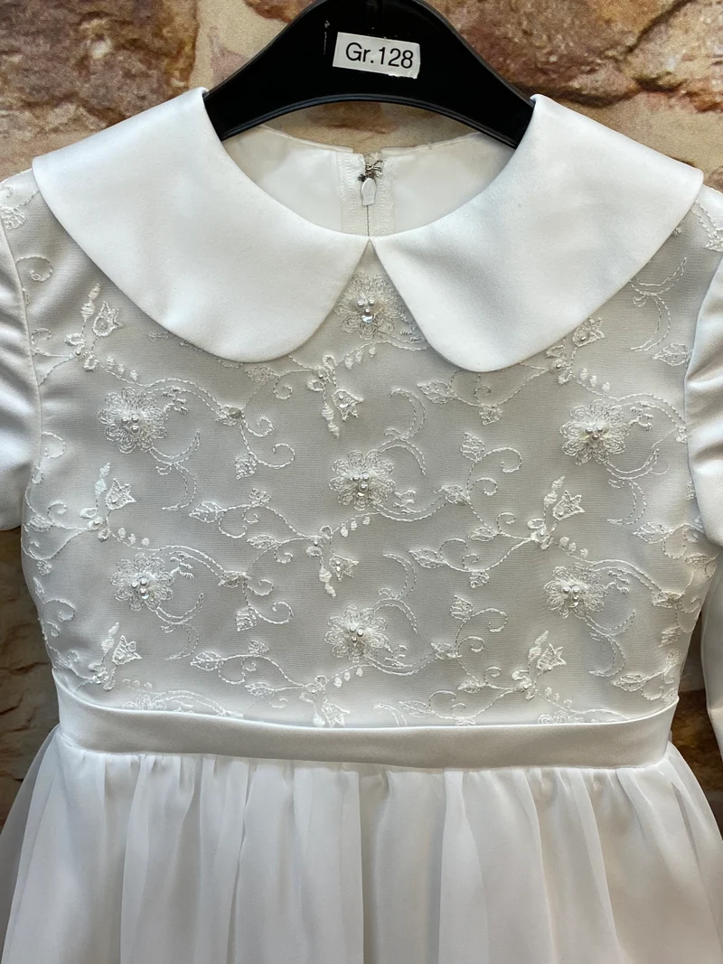 Kommunionkleid weiß mit Kragen, Stickerei & Chiffonrock Gr. 128