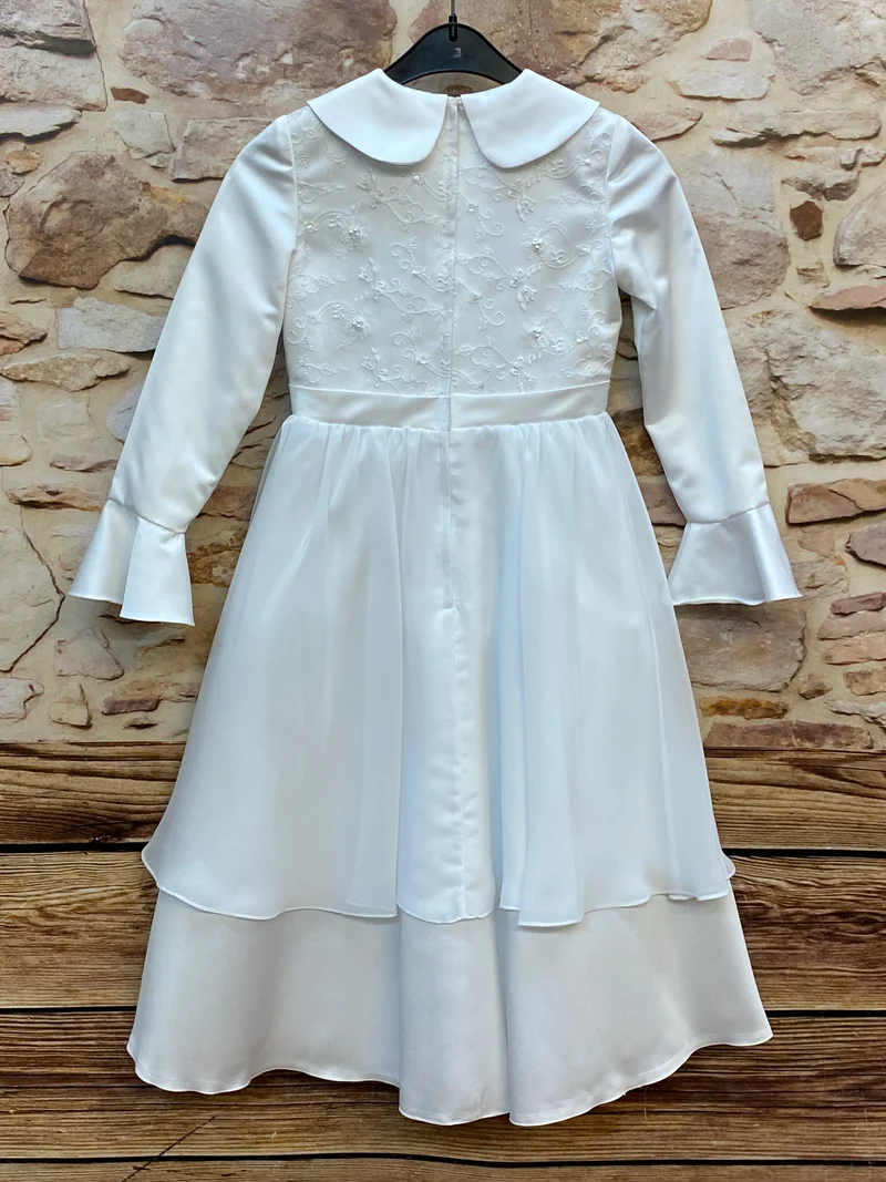 Kommunionkleid weiß mit Kragen, Stickerei & Chiffonrock Gr. 128