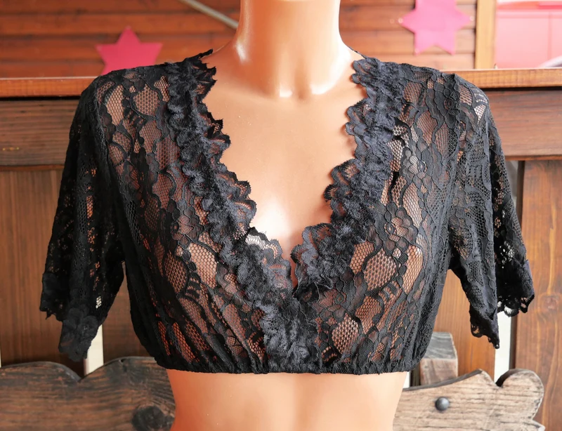 Dirndlbluse Fuchs, Spitze, Stretch, schwarz, halbarm