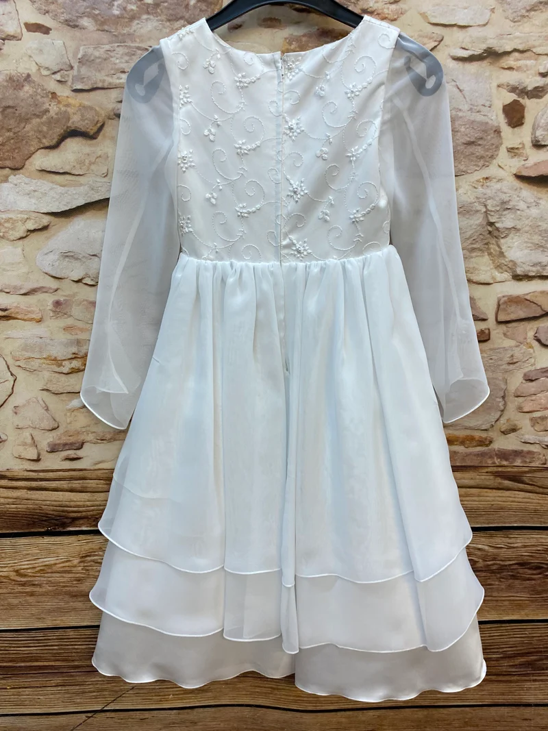 Blumenmädchen Kleid Weiß – Gr. 128 | Chiffon & Stickerei