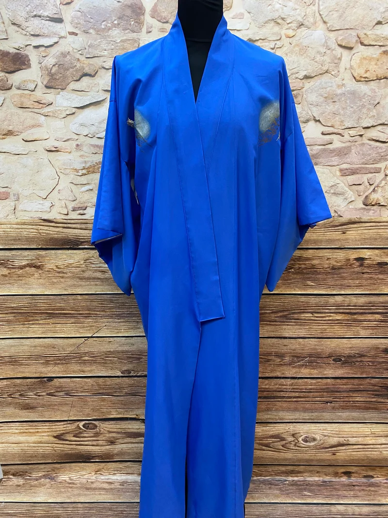 Vintage Seiden-Kimono in Royalblau mit Phönix-Stickerei – Made in Japan