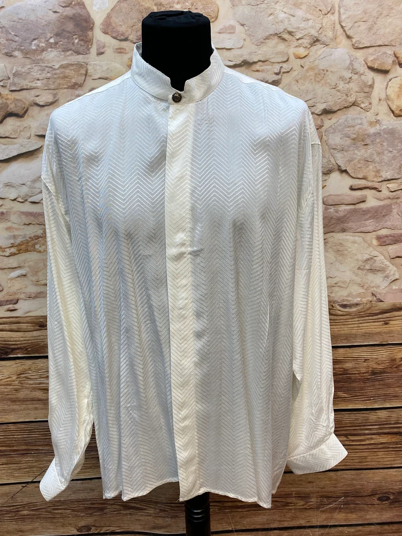 Vintage Stehkragen-Hemd | Cremeweiß | Gr. 45 | 100% Baumwolle