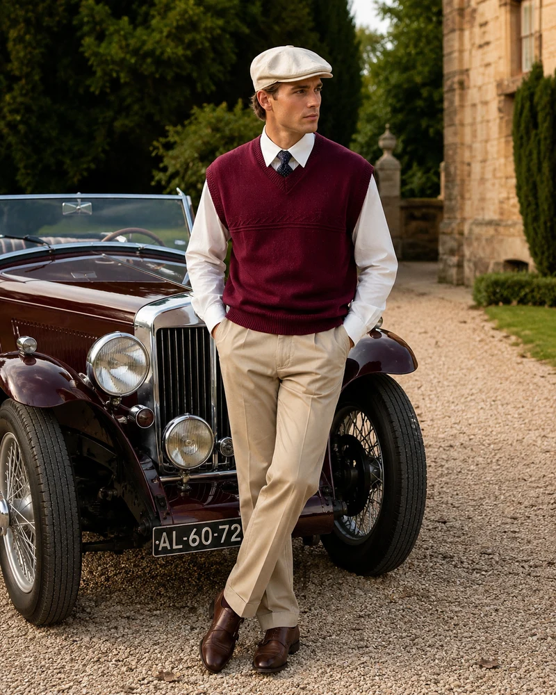 20er-Jahre-Outfit - Größe 60 – Bordeaux Pullunder & Beige Hose mit Schiebermütze