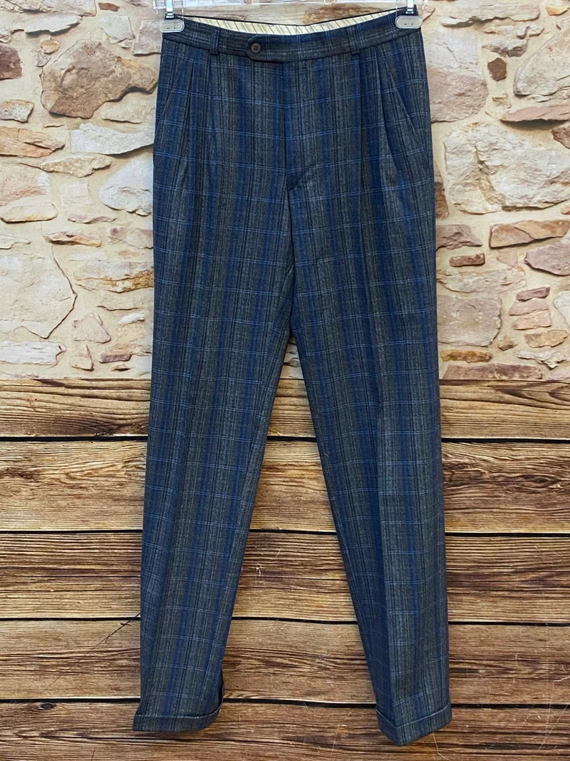Vintage Bundfaltenhose Herren Gr.46 – Blau Grau Kariert High Waist 80er
