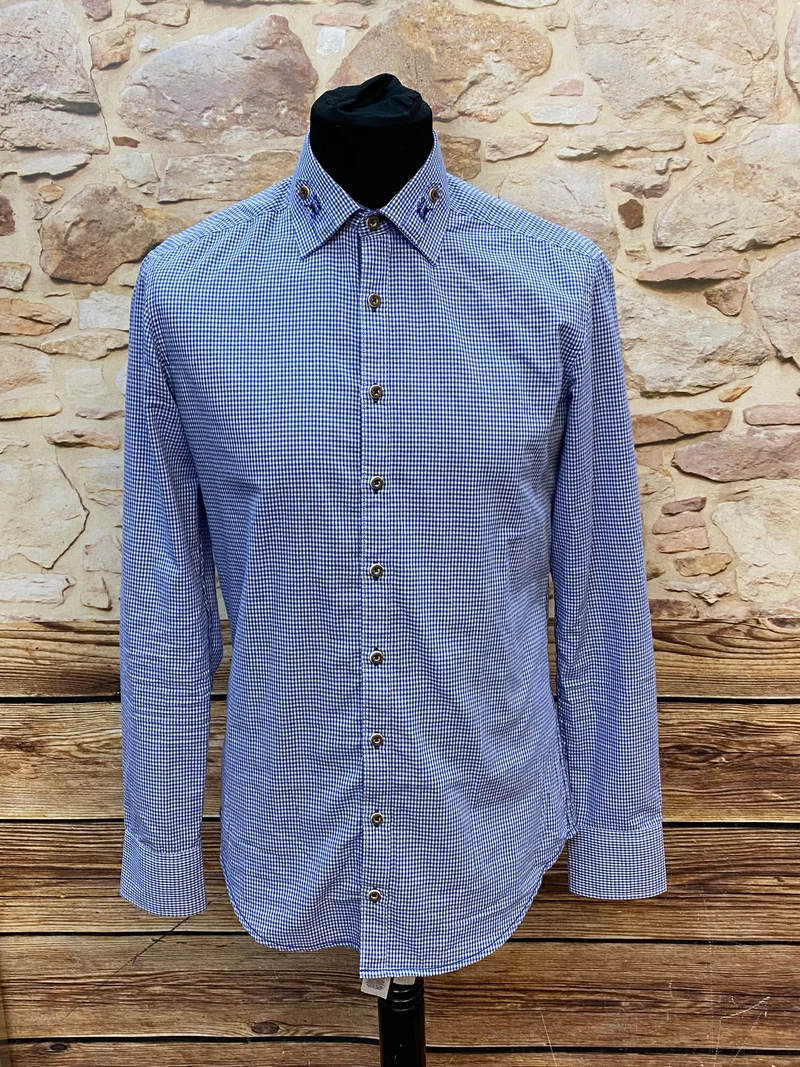 Vintage Trachtenhemd Herren blau kariert Größe S