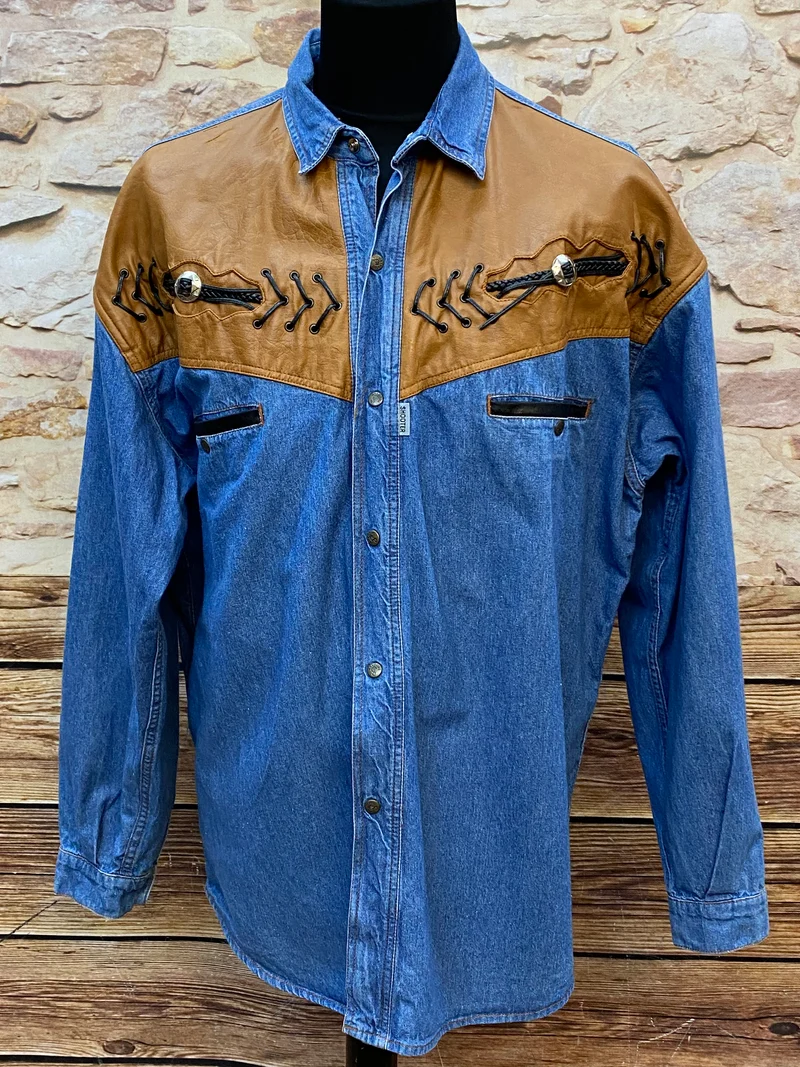 Vintage Westernhemd Herren Denim Cognac Kunstleder Shooter Gr. XXL