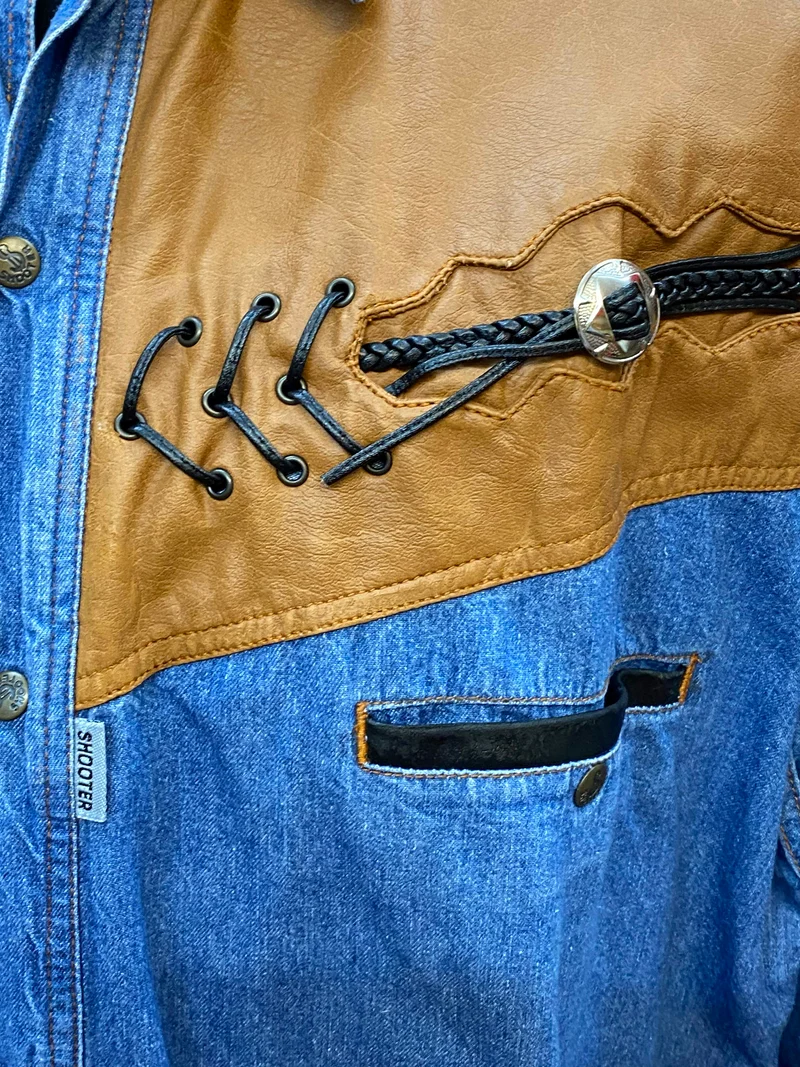 Vintage Westernhemd Herren Denim Cognac Kunstleder Shooter Gr. XXL