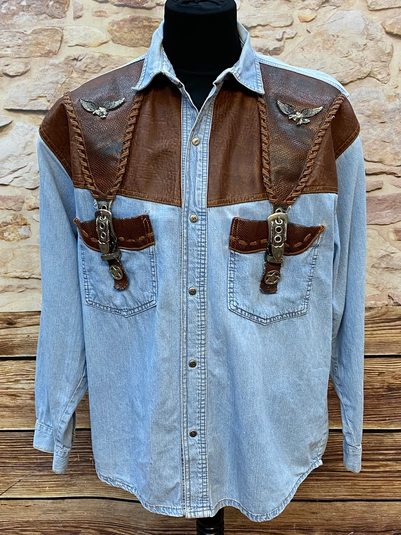 Vintage Westernhemd Herren Denim Adler Lederapplikationen Gr.