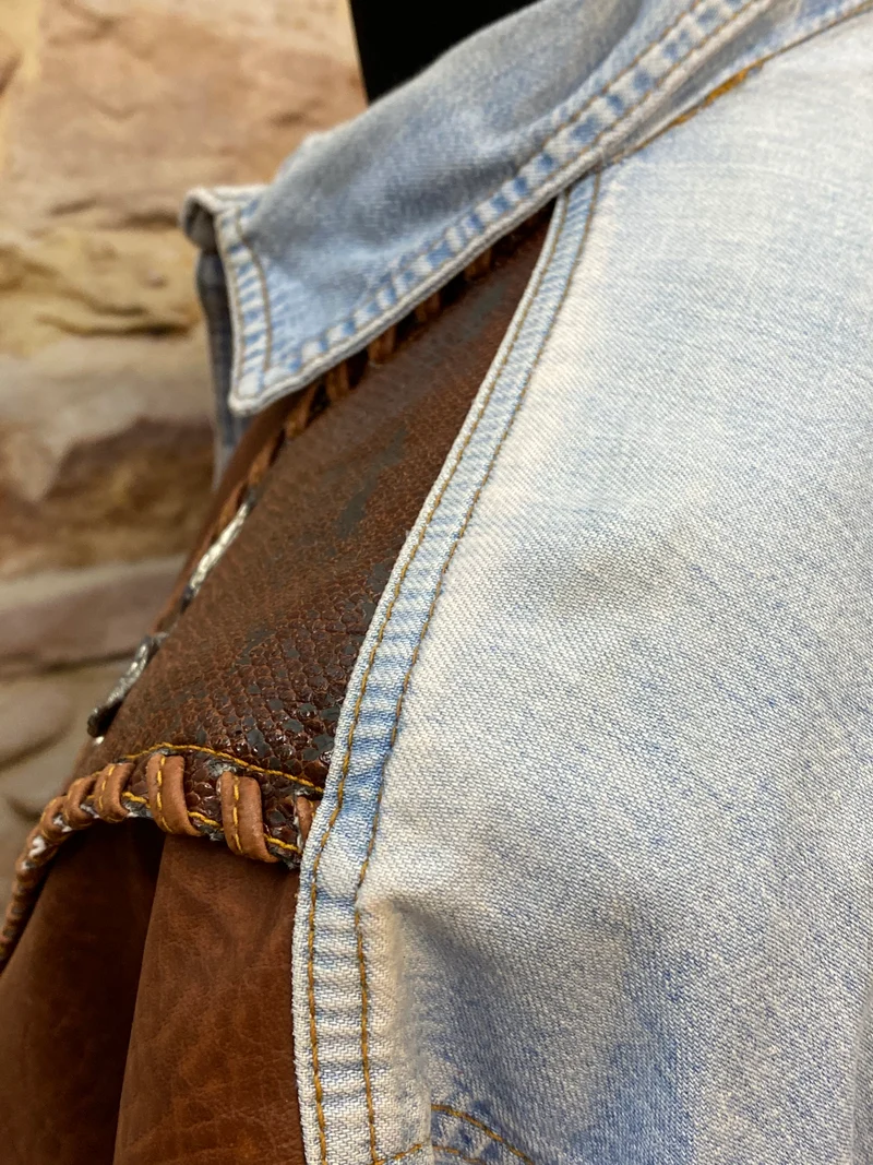 Vintage Westernhemd Herren Denim Adler Lederapplikationen Gr.