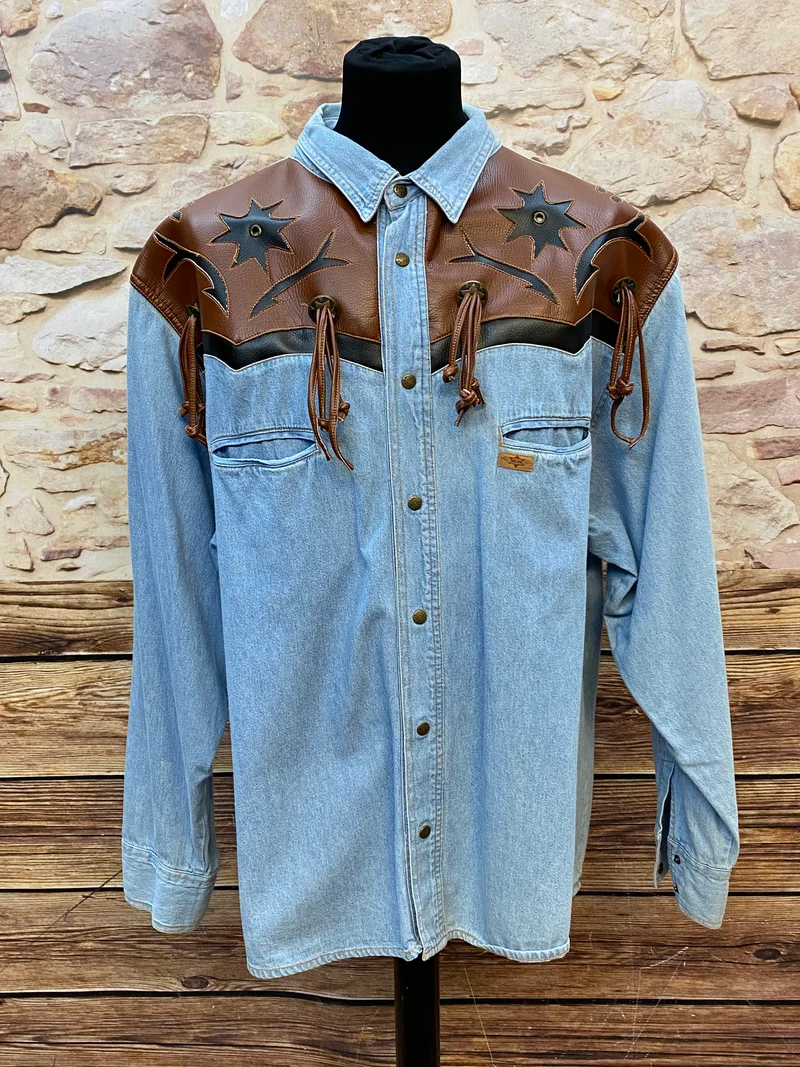 Vintage Westernhemd Herren Denim Fransen Lederapplikationen 80er/90er Gr. XXL
