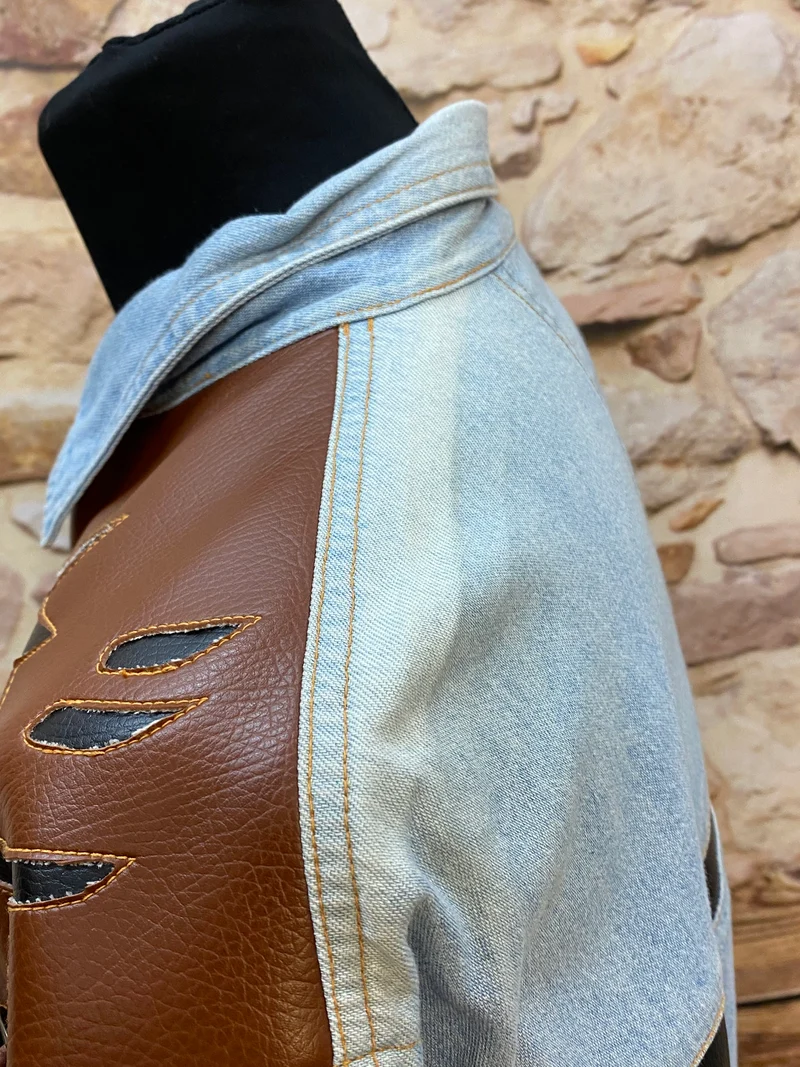 Vintage Westernhemd Herren Denim Fransen Lederapplikationen 80er/90er Gr. XXL