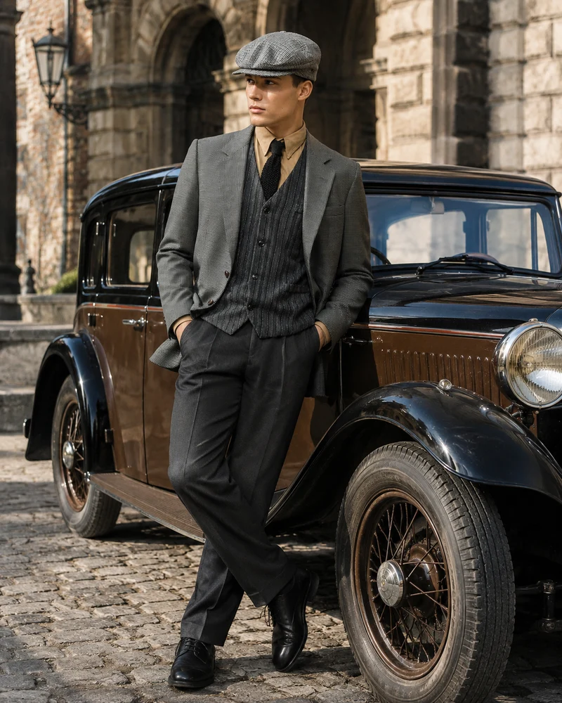 20er-Jahre Herren Outfit Gr. 50 – grauer Vintage Anzug mit Weste, Schiebermütze & Krawatte im britischen 1920er-Jahre-Stil
