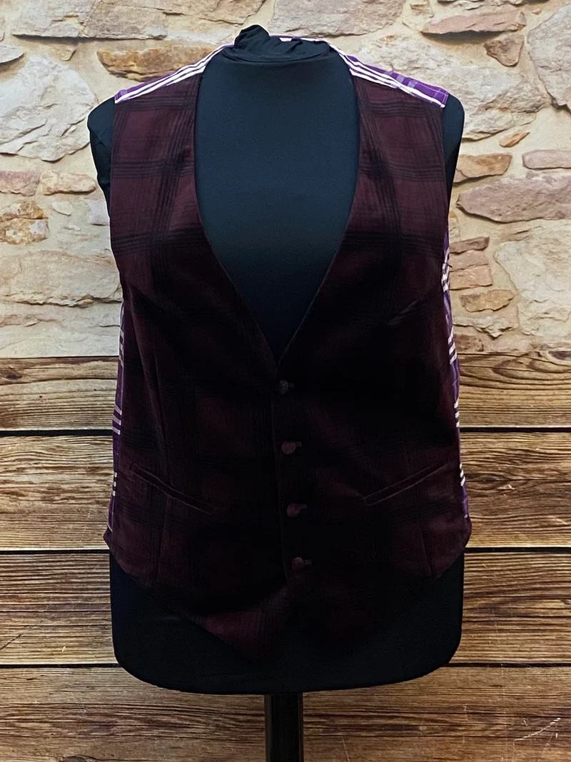 Vintage Damen Weste Bordeaux kariert Samtoptik – Größe 48