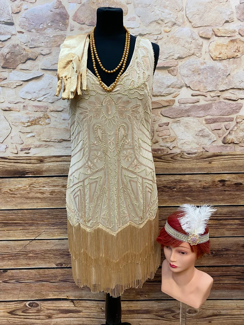 Flapperkleid Gr. 40 mit Kopfschmuck und Handschuhen