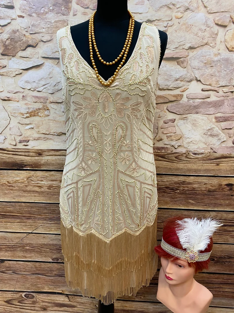 Flapperkleid Gr. 40 mit Kopfschmuck und Handschuhen