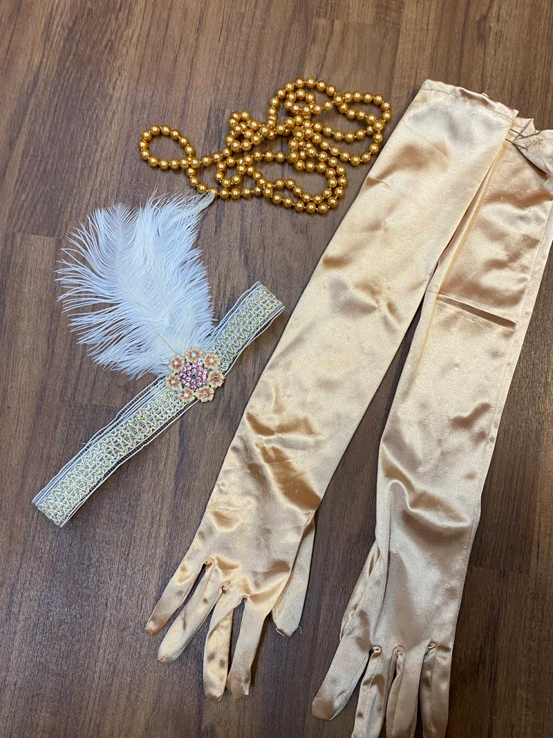 Flapperkleid Gr. 40 mit Kopfschmuck und Handschuhen