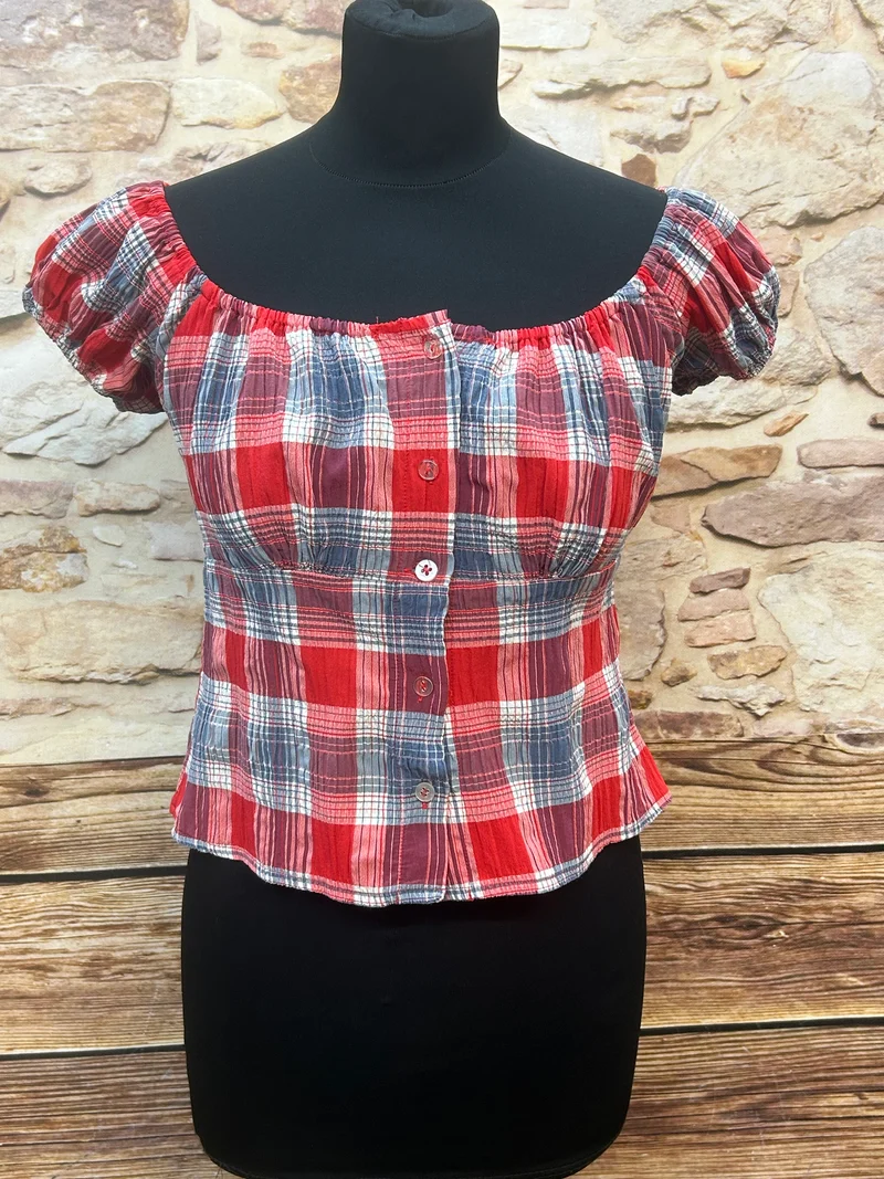 Vintage Bluse kariert rot blau Viskose Off-Shoulder Puffärmel 90er Gr. 38