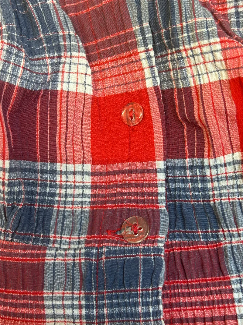 Vintage Bluse kariert rot blau Viskose Off-Shoulder Puffärmel 90er Gr. 38