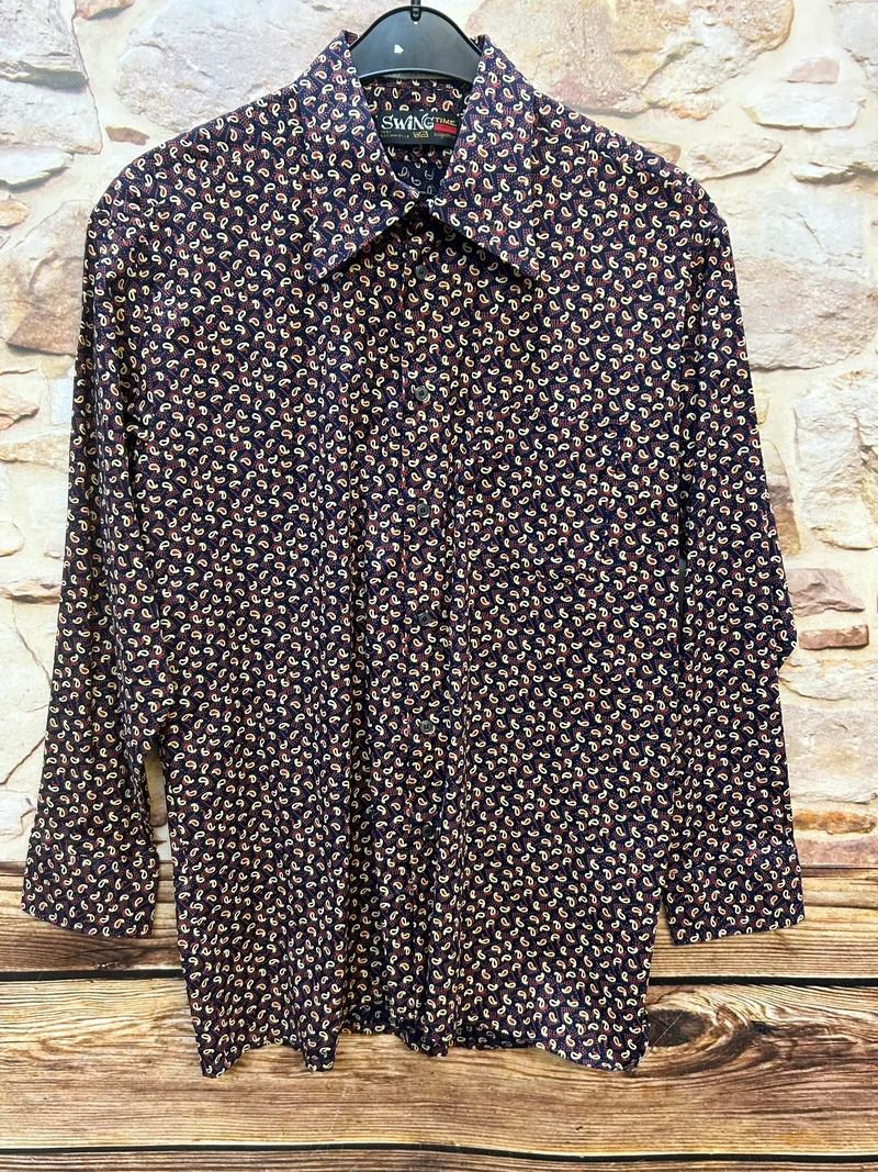Vintage Hemd Herren Paisley 70er dunkelblau Größe 43