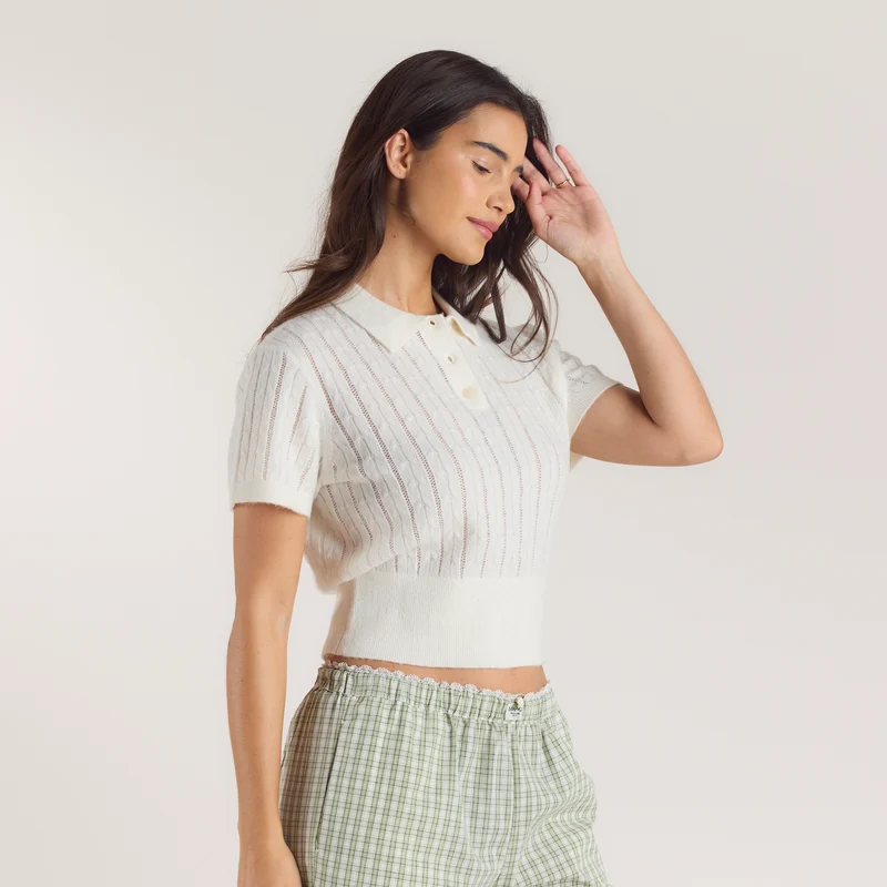 Transparentes Strick-Polo - Crèmefarbe
