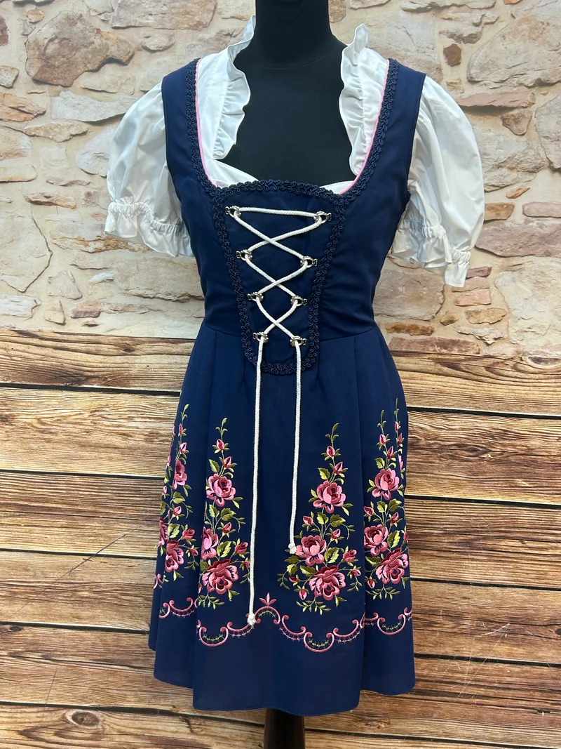 Vintage Dirndl dunkelblau rosa - 3-teilig, Gr. 44