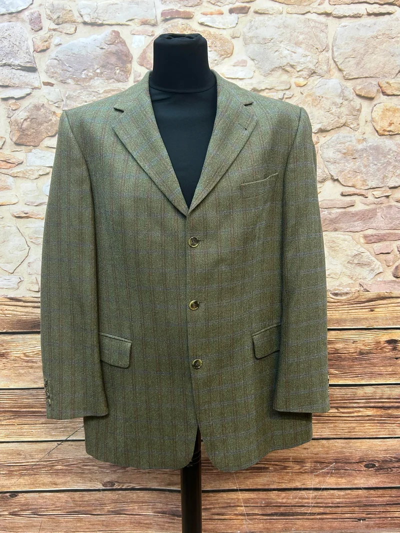 Vintage Herren Tweed Sakko 1990er Woll-Kaschmir Karo Moosgrün Gr. 54