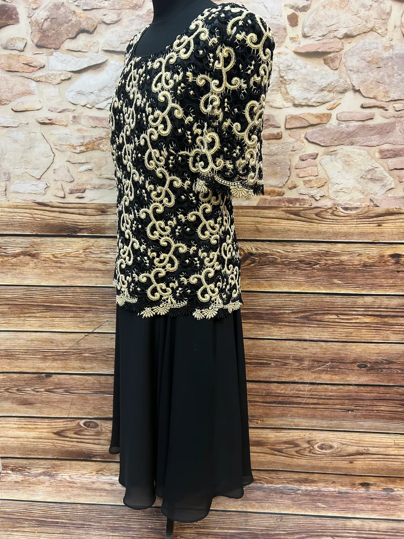 Vintage Stickkleid Schwarz-Gold Gr. 42 mit tiefer Taille