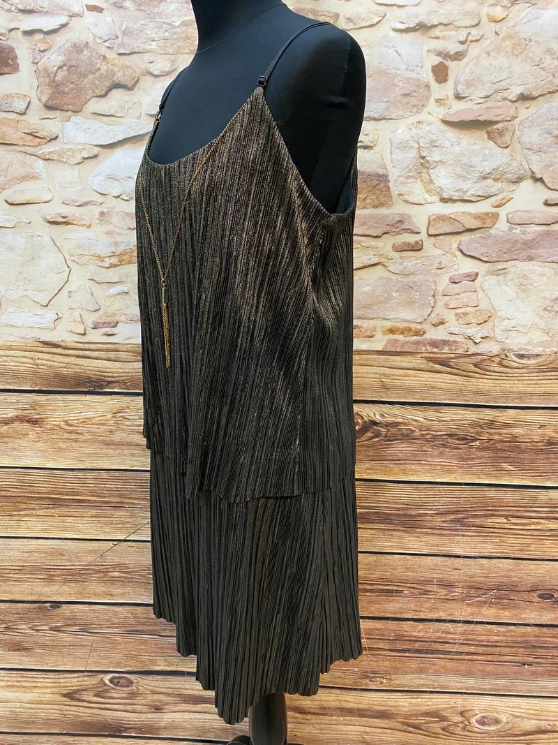 Gold‑schwarzes Metallic‑Plissé‑Kleid von Bréal – Gr. 42