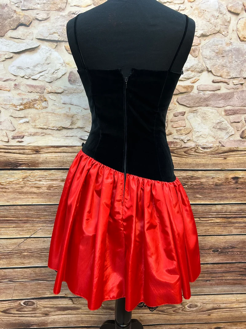 Vintage Cocktailkleid Samt schwarz rot Satin 80er Gr. 34