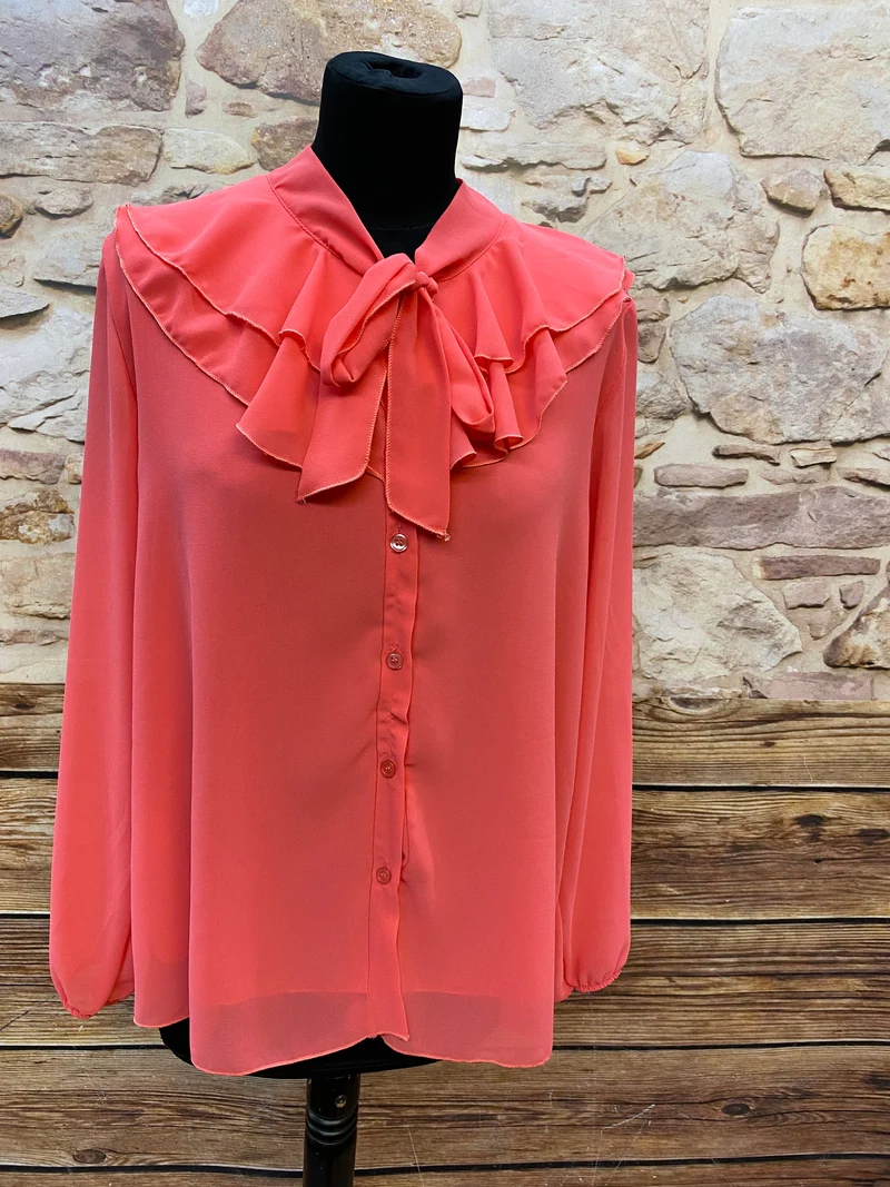 Vintage Schluppenbluse korallenrot Rüschen elegant Made in Italy Gr. L