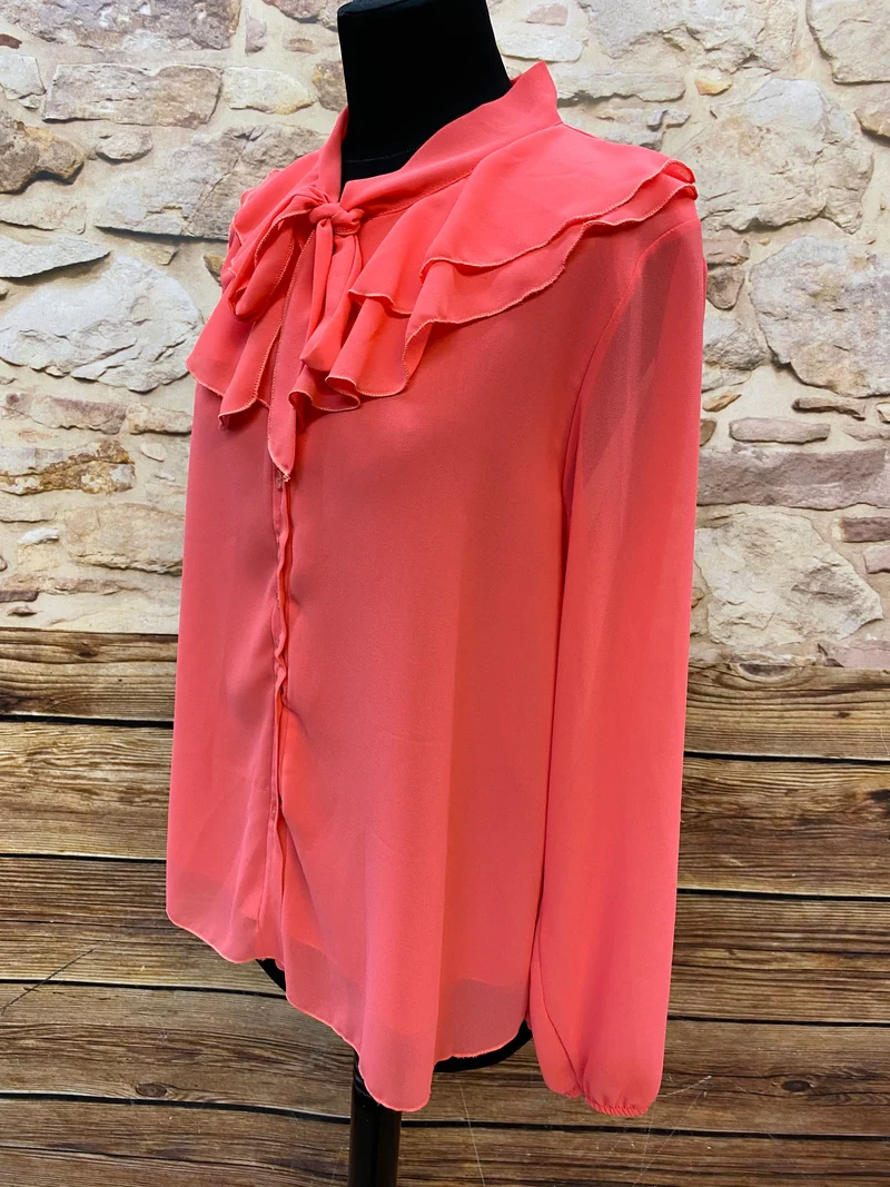 Vintage Schluppenbluse korallenrot Rüschen elegant Made in Italy Gr. L