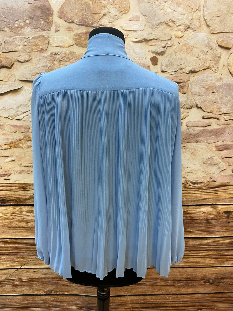 Vintage Schluppenbluse himmelblau Plissee elegant Gr. S