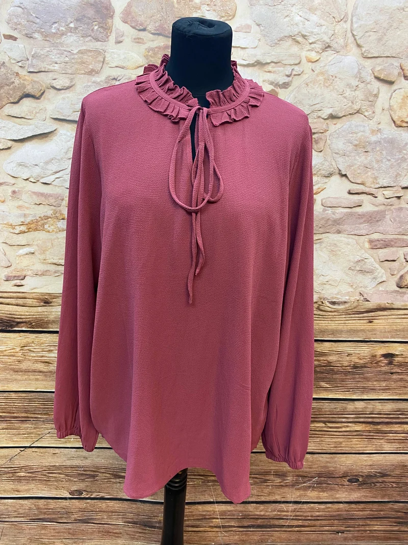 Vintage Bluse Burgunderrot mit Rüschenkragen & Kordelzug – Größe 44