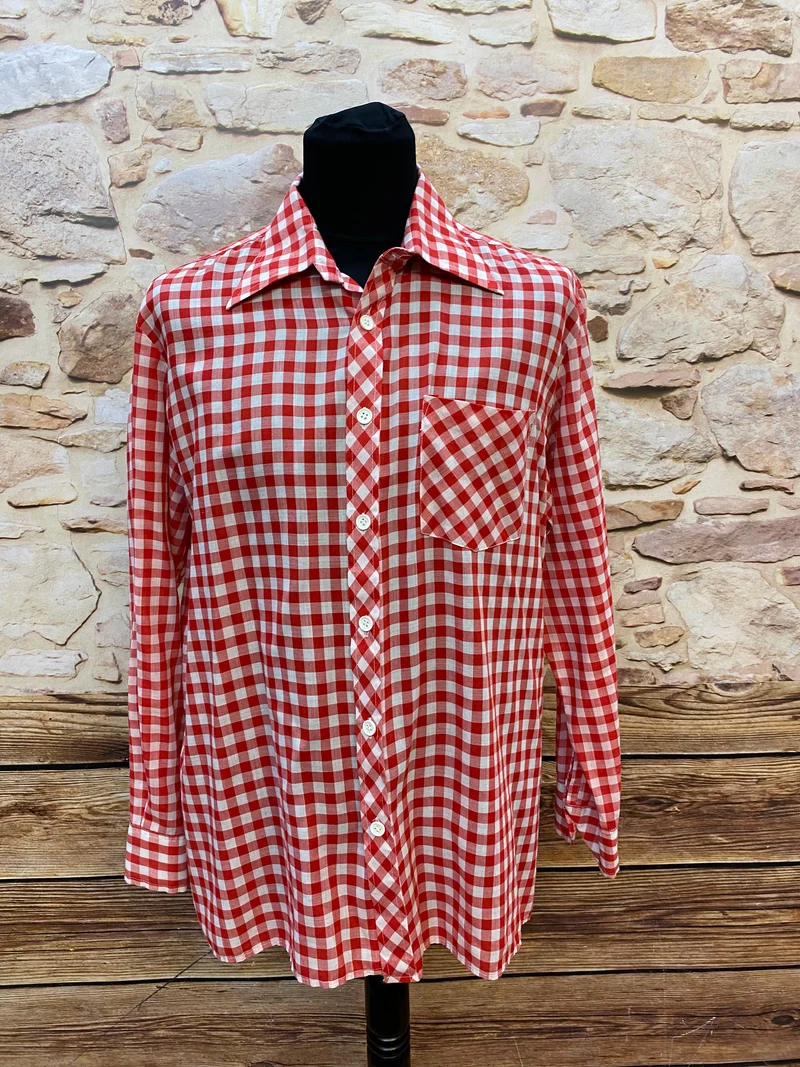 Vintage Herrenhemd rot weiß kariert spitzer Kragen Gr. 43