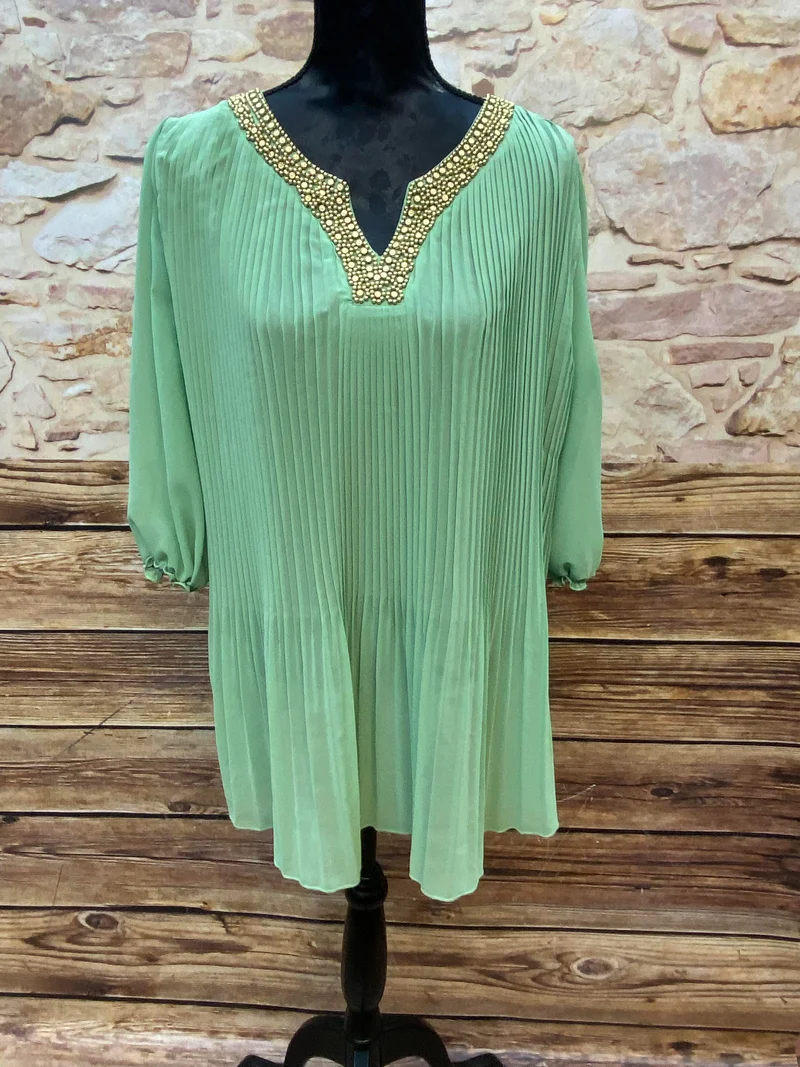 Vintage-Tunika in Münzgrün mit Goldverzierungen – Größen XL